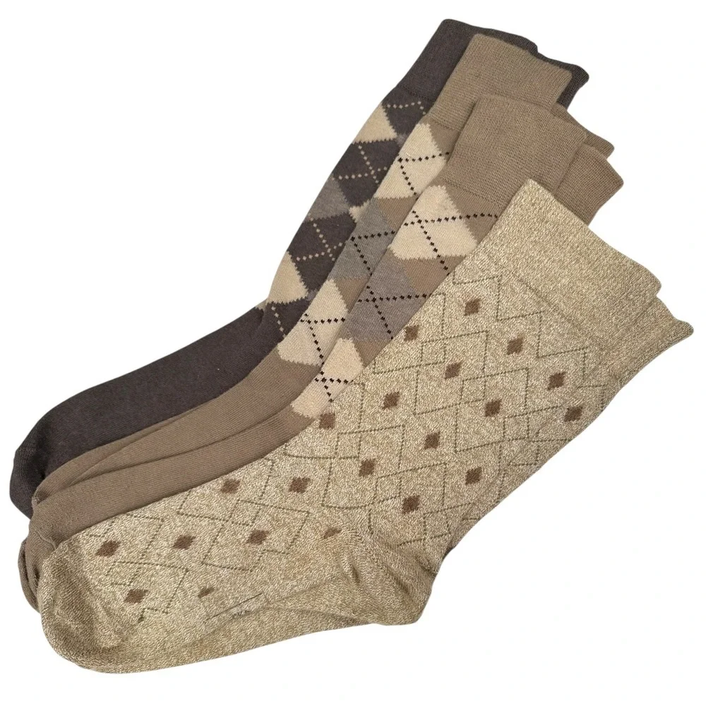 VTG Argyle and Metallic Diamond Crew Socks Bundle 4 Pairs Brown Tan Gold Neutral